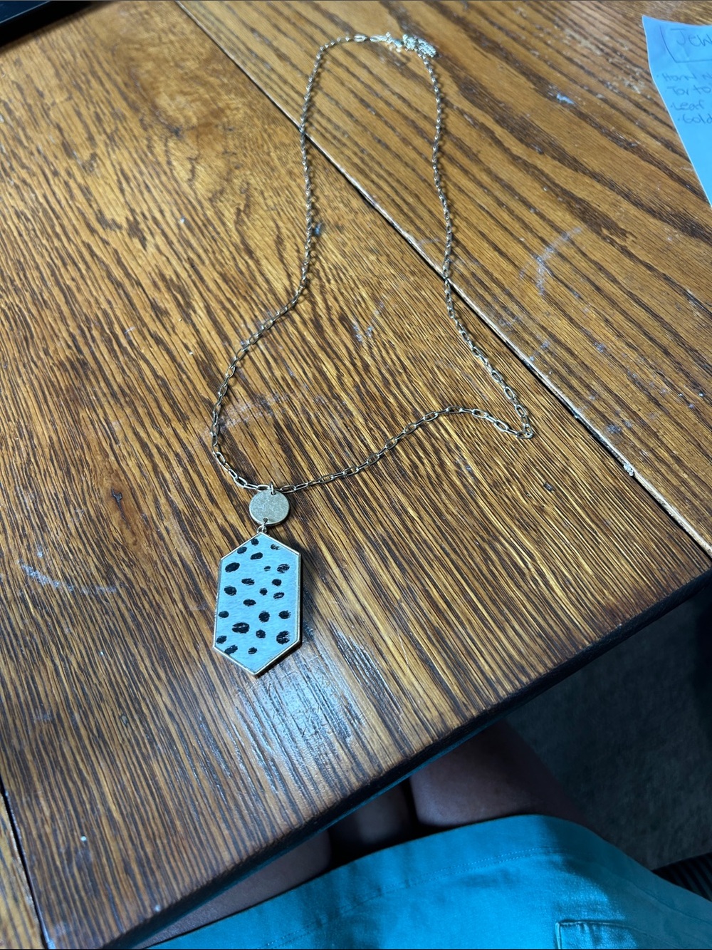 Gold Tone Necklace with White and Black Hair On Hide Pendant - Women Jewelry